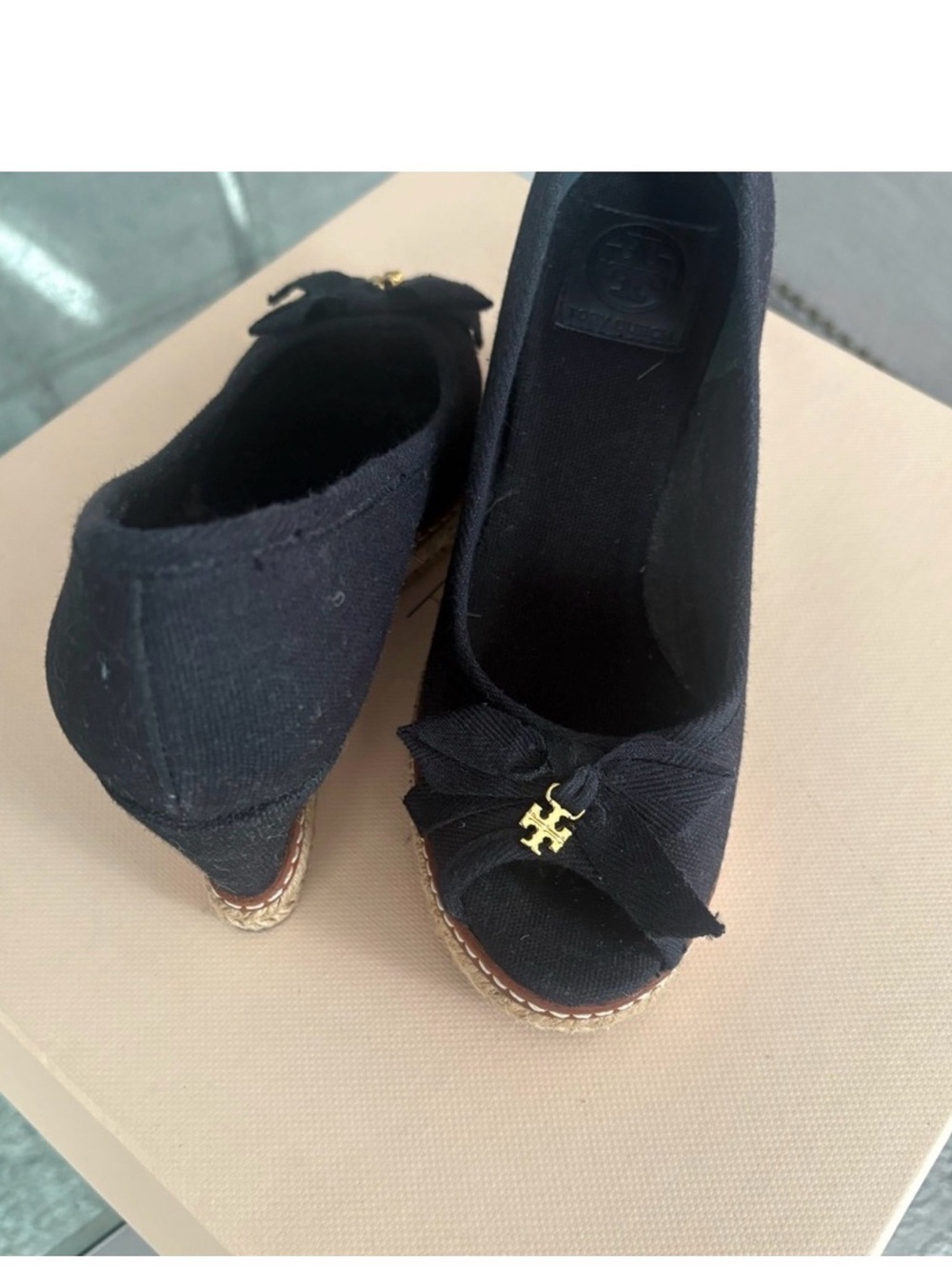 Tory Burch Black Wedge Espadrille with Gold Logo Bow